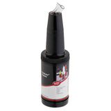 A black plastic, BPA free bar pourer with a spout sits atop the cylindrical PourMaster Complete Unit bottle. The red and white label showcases images of the pourer in use along with key product information.