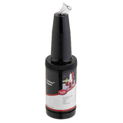 A black plastic, BPA free bar pourer with a spout sits atop the cylindrical PourMaster Complete Unit bottle. The red and white label showcases images of the pourer in use along with key product information.