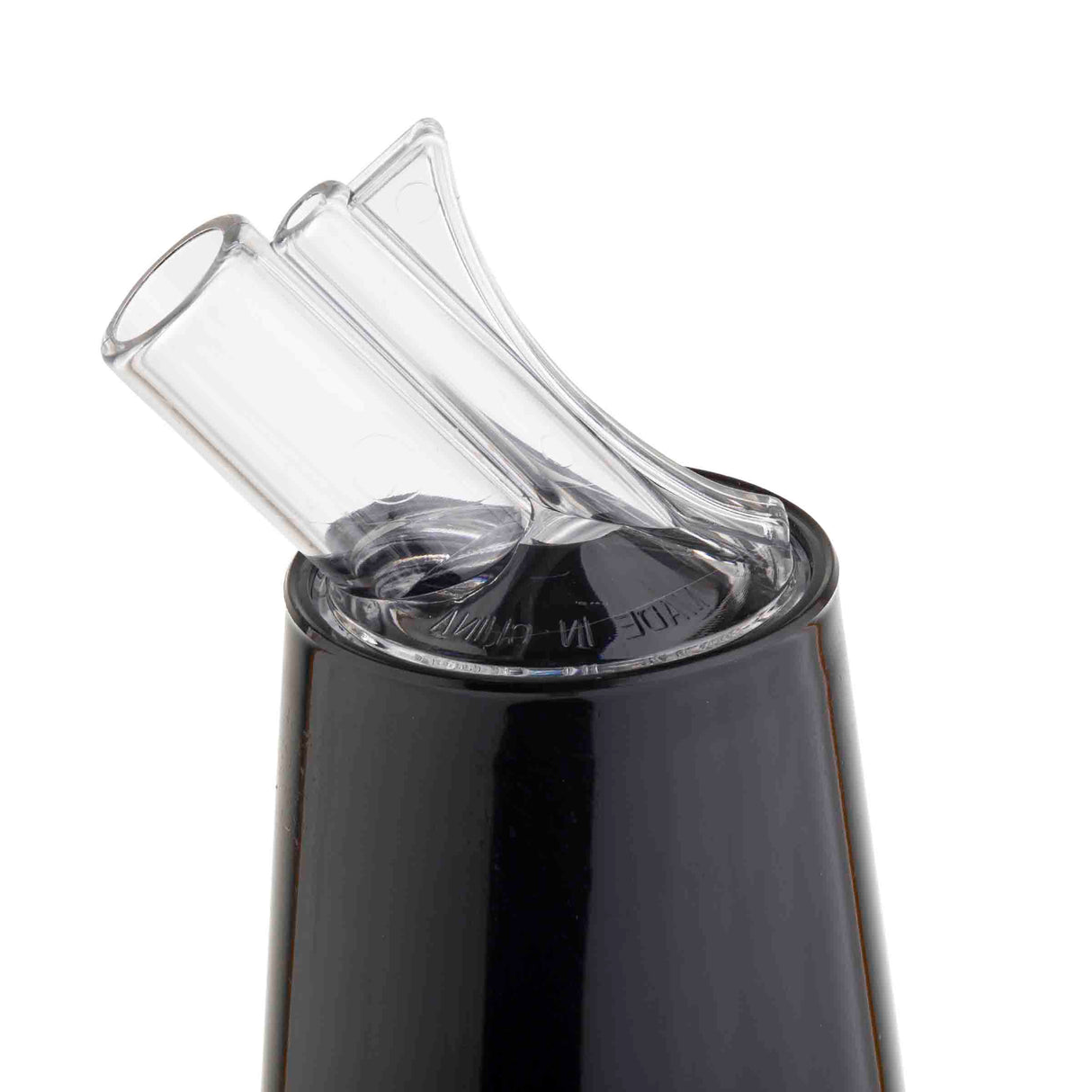 Close-up of a black, glossy PourMaster Complete Unit with two angled, transparent glass straws—both BPA free and dishwasher safe—inserted into its opening. The clean straws slightly overlap at the top against a plain white background.