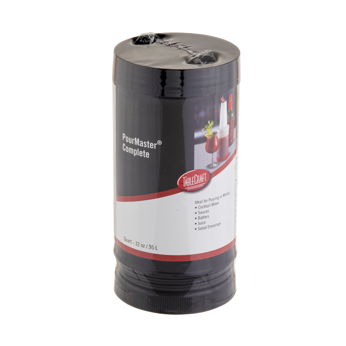 A black, cylindrical BPA free PourMaster Complete Unit by TableCraft, 32 oz/0.95 L. The label features drinks and bar tools, with a sealed black plastic top. Dishwasher safe and standing upright against a white background.