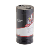A black, cylindrical BPA free PourMaster Complete Unit by TableCraft, 32 oz/0.95 L. The label features drinks and bar tools, with a sealed black plastic top. Dishwasher safe and standing upright against a white background.