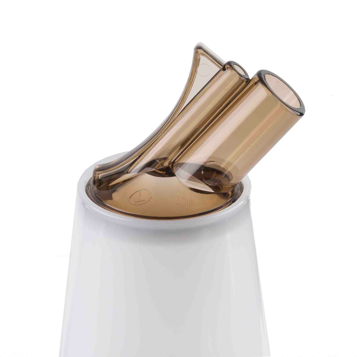 A close-up of a modern, sleek white PourMaster Complete Unit with two angled, translucent brown spouts emerging from the top, set against a plain white background. The BPA free design appears minimalistic and contemporary.