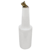 A tall, white BPA free plastic bottle with a gold-colored, curved pour spout on top. The cylindrical PourMaster Complete Unit tapers toward the neck and is commonly used for storing and dispensing liquids in bars or kitchens.