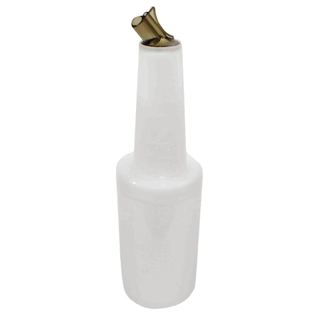A tall, white BPA free plastic bottle with a gold-colored, curved pour spout on top. The cylindrical PourMaster Complete Unit tapers toward the neck and is commonly used for storing and dispensing liquids in bars or kitchens.