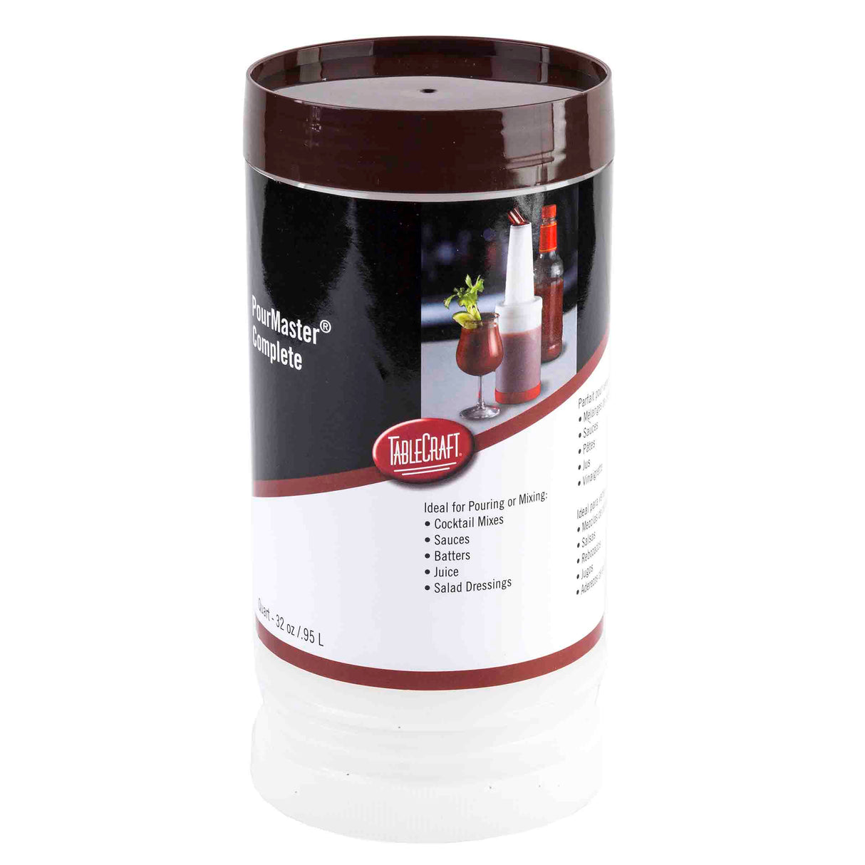 A white and brown BPA free PourMaster Complete Unit from TableCraft, shown sealed and upright. The label highlights uses—cocktail mixes, sauces, batters, juice, and salad dressings—making it ideal for cash and carry purchases.