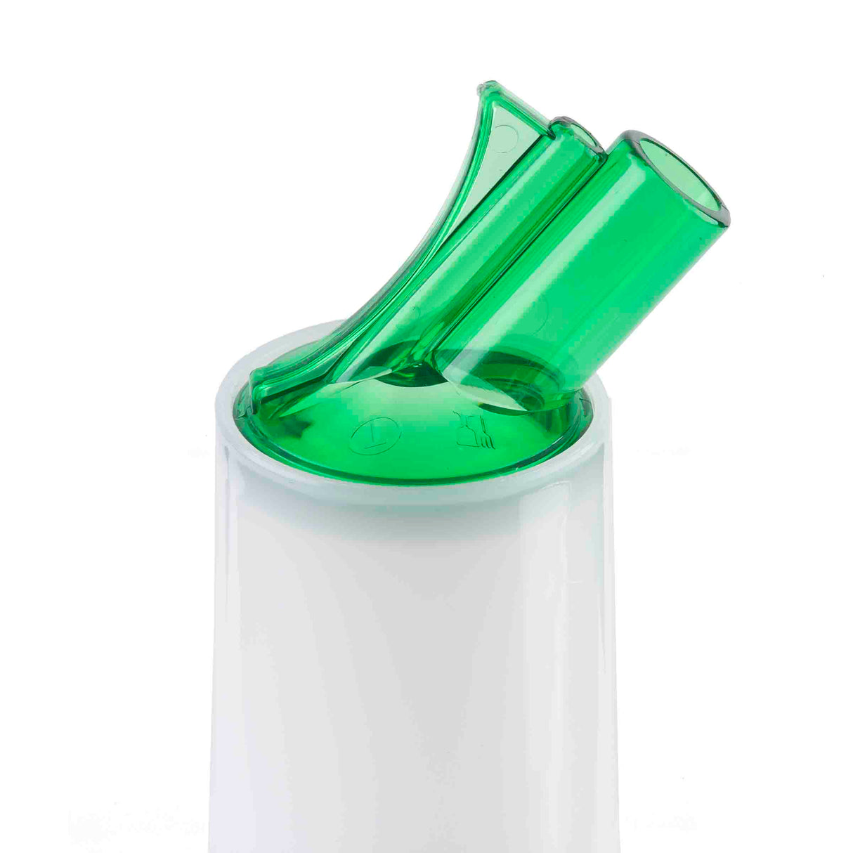 A close-up of a white plastic PourMaster Complete Unit with two green BPA free, color-coded pour spouts angled outward at the top, set against a plain white background. The spouts are cylindrical and shiny, and the container’s surface is smooth and glossy.