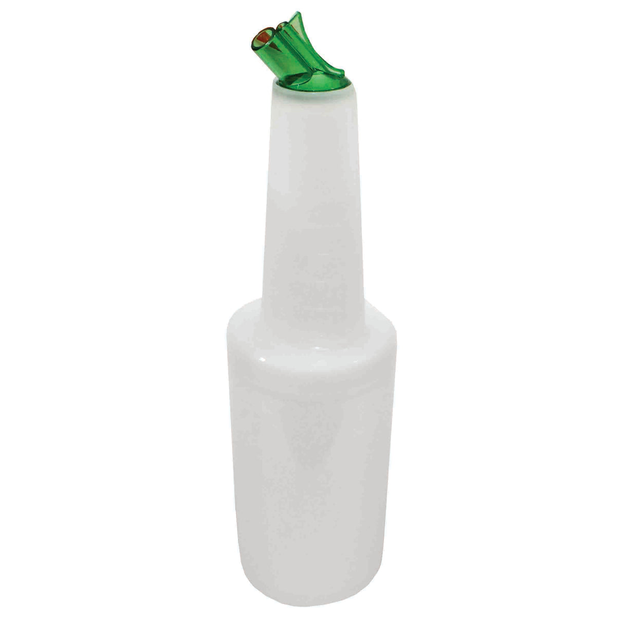 A white BPA free plastic PourMaster Complete Unit with a detachable base and a green, color-coded pour spout angled for easy pouring, ideal for storing and dispensing juices or mixers in bars.