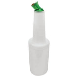 A white BPA free plastic PourMaster Complete Unit with a detachable base and a green, color-coded pour spout angled for easy pouring, ideal for storing and dispensing juices or mixers in bars.