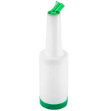 A white plastic PourMaster Complete Unit with a long neck, color-coded pour spout, and green base. This BPA free bottle is ideal for pouring liquids like juice or spirits. The background is plain white.