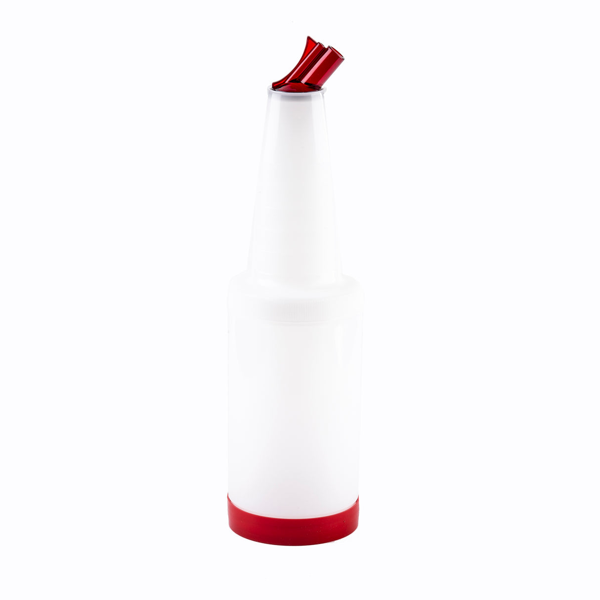 A BPA free white plastic PourMaster Complete Unit features a narrow neck, color-coded pour spout, and red base—ideal for mixing and dispensing juices or syrups in bars or kitchens, set against a plain white background.