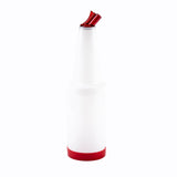 A BPA free white plastic PourMaster Complete Unit features a narrow neck, color-coded pour spout, and red base—ideal for mixing and dispensing juices or syrups in bars or kitchens, set against a plain white background.