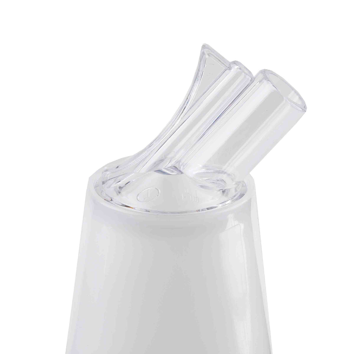 A close-up of the top of a white electric appliance with two BPA free, clear plastic nozzles angled upward, likely a nasal irrigator or water flosser attachment. The background is plain white, highlighting the transparent nozzles.