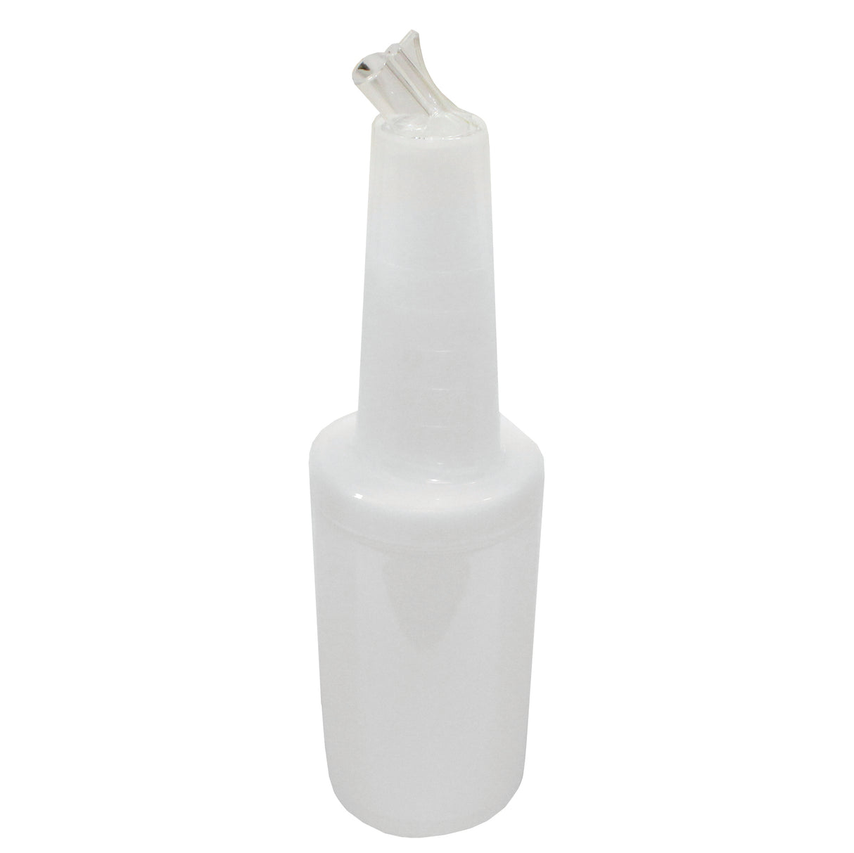 A white BPA free plastic bottle with a narrow, conical top and spout, commonly used as a sauce dispenser. The spout has a small opening with a cap, and the bottle is plain with no labels. Dishwasher safe for easy cleaning.