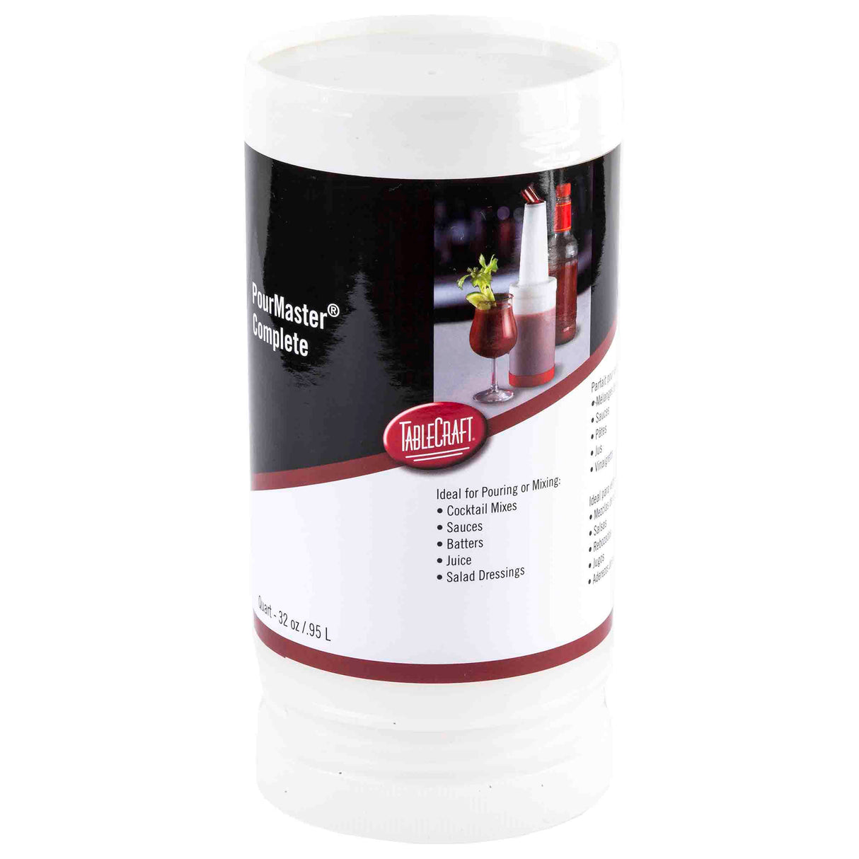 A white BPA free PourMaster Complete Unit by TableCraft, labeled for pouring or mixing cocktail drinks, sauces, batters, juice, and salad dressings. Capacity: 32 oz / 95 L. This container is dishwasher safe for easy cleaning.