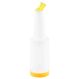 A tall, white plastic bottle with a narrow neck, featuring a color-coded pour spout and matching yellow base. This BPA free PourMaster Complete Unit is plain, cylindrical, and perfect for pouring liquids in bars or kitchens. The background is white.
