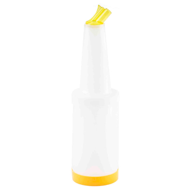 A tall, white plastic bottle with a narrow neck, featuring a color-coded pour spout and matching yellow base. This BPA free PourMaster Complete Unit is plain, cylindrical, and perfect for pouring liquids in bars or kitchens. The background is white.