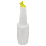 A tall, white BPA free plastic bottle with a narrow neck and color-coded yellow pour spout, the PourMaster Complete Unit is perfect for drink mixers or syrups in bars and restaurants. The closed spout keeps contents secure; the bottle is unmarked.