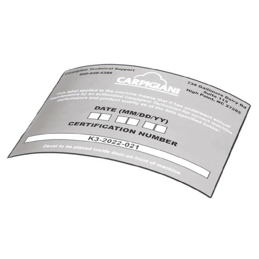 Carpigiani US192-024276 Decal Pm Certification
