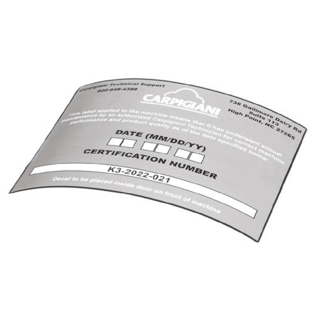 Carpigiani US192-024276 Decal Pm Certification