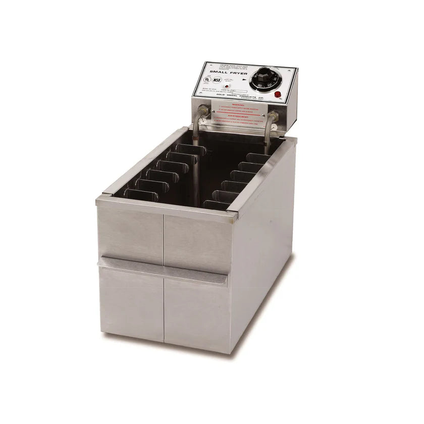 A commercial hot dog roller toaster by Gold Medal Products, featuring a stainless steel body, vertical hot dog slots, and a top control panel with dial and instructions. Designed for cooking multiple hot dogs—perfect alongside a small electric fryer.