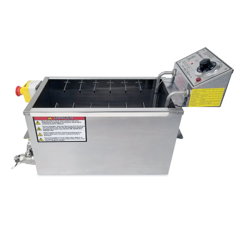 A stainless steel rectangular wax melting machine by Gold Medal Products features 30 lb. oil capacity, a control panel with knob, switch, warning labels, and a yellow emergency stop button. Internal metal rods and a drainage valve are also included.