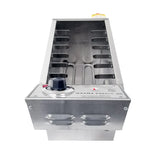 Stainless steel commercial hot dog roller grill by Gold Medal Products with a front control panel featuring a black and red temperature knob, power indicator light, and slotted rollers. The grill boasts a clean, modern, industrial design.