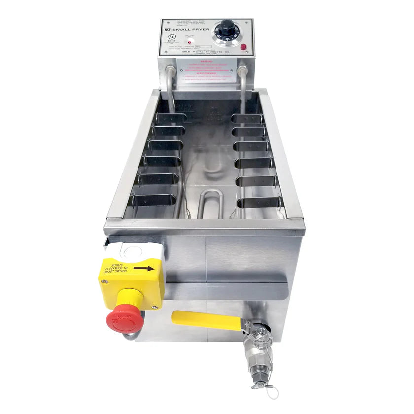 A stainless steel commercial fryer with 30 lb oil capacity features internal heating elements, a top control panel with a dial and labels, a large red emergency stop button, yellow handle, and a front metal spout for easy oil draining.