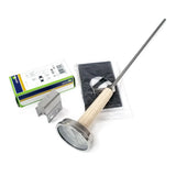A meat thermometer with a long metal probe and round dial gauge featuring a wooden handle lies next to a green and white Gold Medal Products box, a metal bracket, and a sealed black pouch—ideal for use with an electric fryer or 30 lb. oil capacity setups.