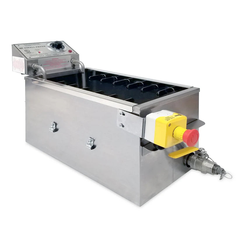 A stainless steel Gold Medal Products industrial electric fryer with a rectangular shape, black interior slots, control panel with knobs and dials on one end, and a yellow and red emergency stop button beside a metal valve. Features 30 lb. oil capacity.