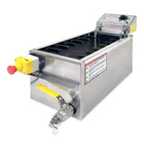 A rectangular stainless steel electric fryer with a 30 lb oil capacity, featuring a yellow emergency stop button, drain valve with lever, warning labels, and temperature control panel. The deep basin holds oil with slots for baskets or racks.