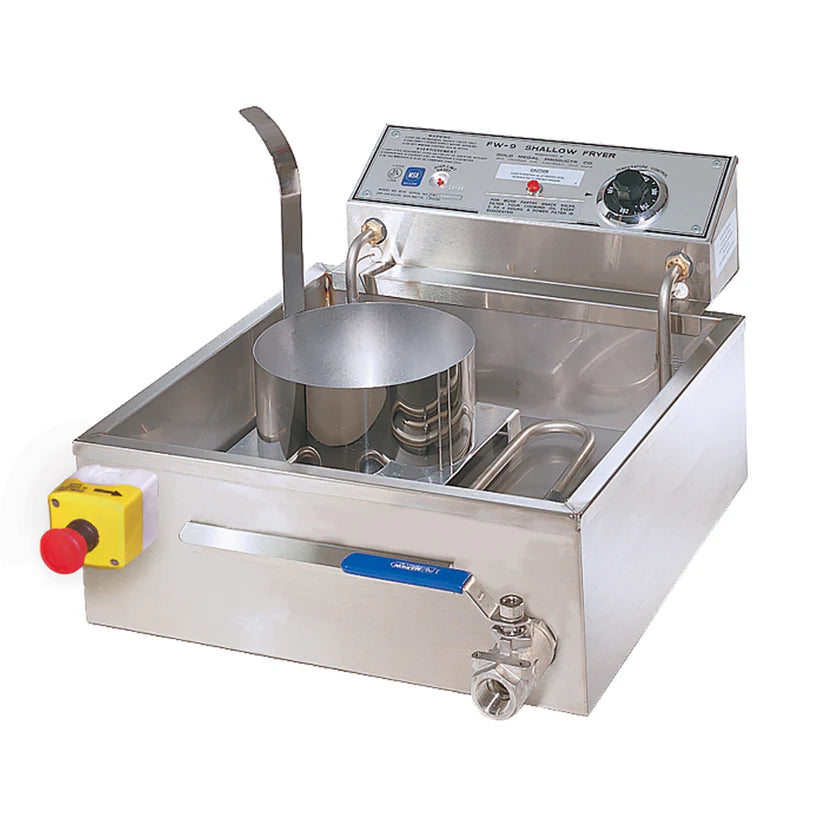 A stainless steel commercial funnel cake fryer with a control panel, temperature dial, emergency stop button, oil drain tap, heating element, and a cylindrical metal container inside the fryer chamber. The fryer has handles and a ladle resting on the side.