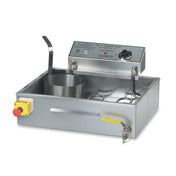 A stainless steel commercial funnel cake fryer with a control panel, red emergency stop button, front faucet, and cylindrical metal container; a metal handle rests on the fryer’s edge against a white background.