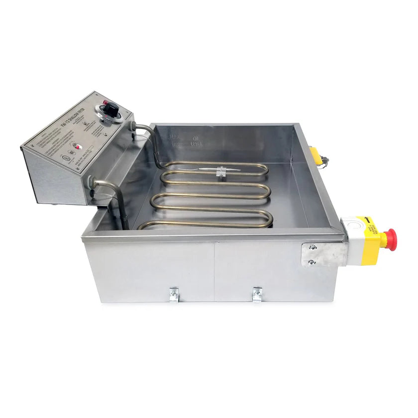 A stainless steel electric immersion heater with a control panel, exposed heating coils inside a rectangular tank, and large red and yellow emergency stop buttons on both sides—ideal for industrial fluid heating or use as a commercial fryer.