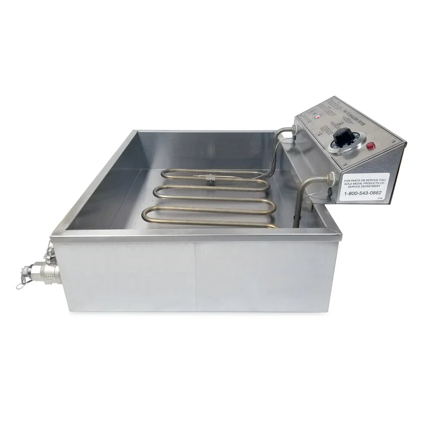 A stainless steel rectangular electric fryer with 27 lb. oil capacity, exposed heating elements, a side drain valve, and an angled control panel with a knob and indicator lights. This funnel cake fryer is set against a plain white background.