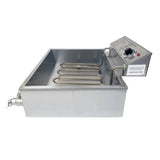 A stainless steel rectangular electric fryer with 27 lb. oil capacity, exposed heating elements, a side drain valve, and an angled control panel with a knob and indicator lights. This funnel cake fryer is set against a plain white background.
