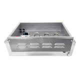 A stainless steel rectangular countertop commercial fryer with a control knob and visible heating elements inside. The front panel has four oval ventilation slots, and the unit has a smooth, reflective finish. The angle shows the top and front sides.