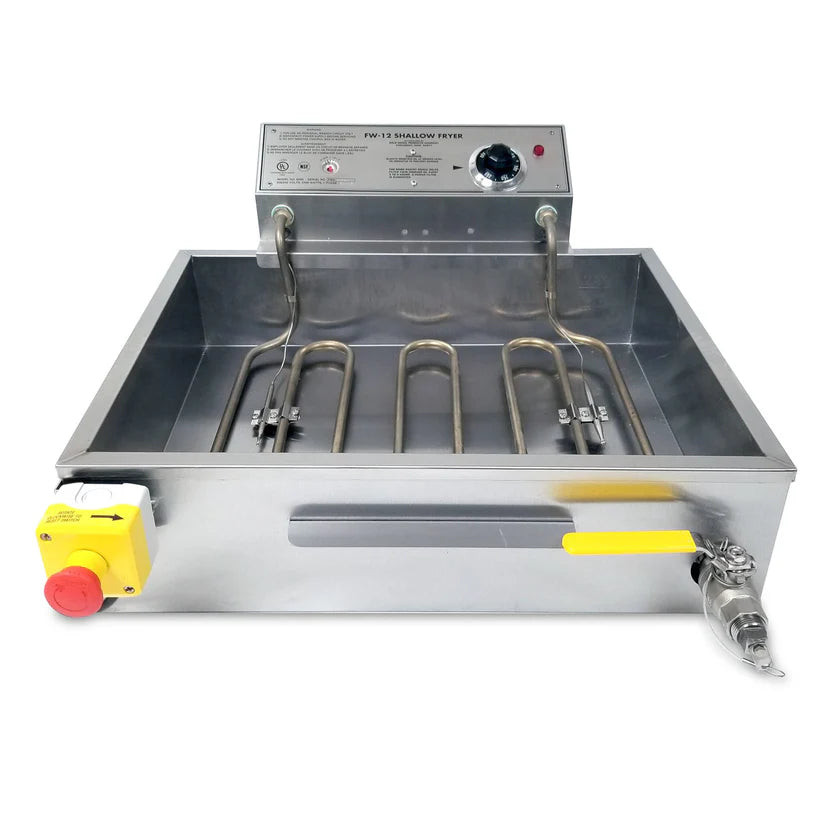 A stainless steel electric fryer with 27 lb. oil capacity, exposed heating coils, a control panel with dials and buttons at the back, a large red emergency stop button on the left, and a yellow-handled metal drain valve on the right side of the rectangular unit.