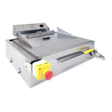 A stainless steel electric fryer for commercial kitchens, featuring a flat lid, control knob, and indicator lights on top. With a 27 lb. oil capacity, this funnel cake fryer includes an emergency stop button, red knob up front, hose connection right, and side handles.