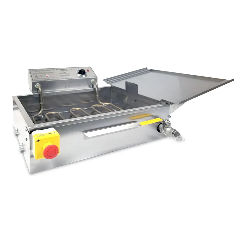 A stainless steel electric fryer with a hinged lid, exposed heating elements, a control panel with a knob and switches, and a large red emergency stop button on the front left. A yellow handle and metal spout are on the right side.