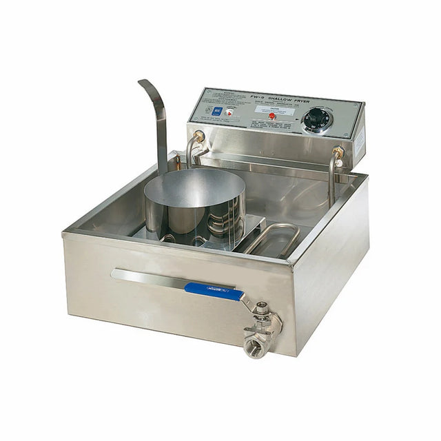 A stainless steel electric fryer with a control panel, lid, spout, and a cylindrical metal container inside. The front handle has a blue label, and the temperature dial makes it ideal as a funnel cake fryer. The fryer sits on a white background.