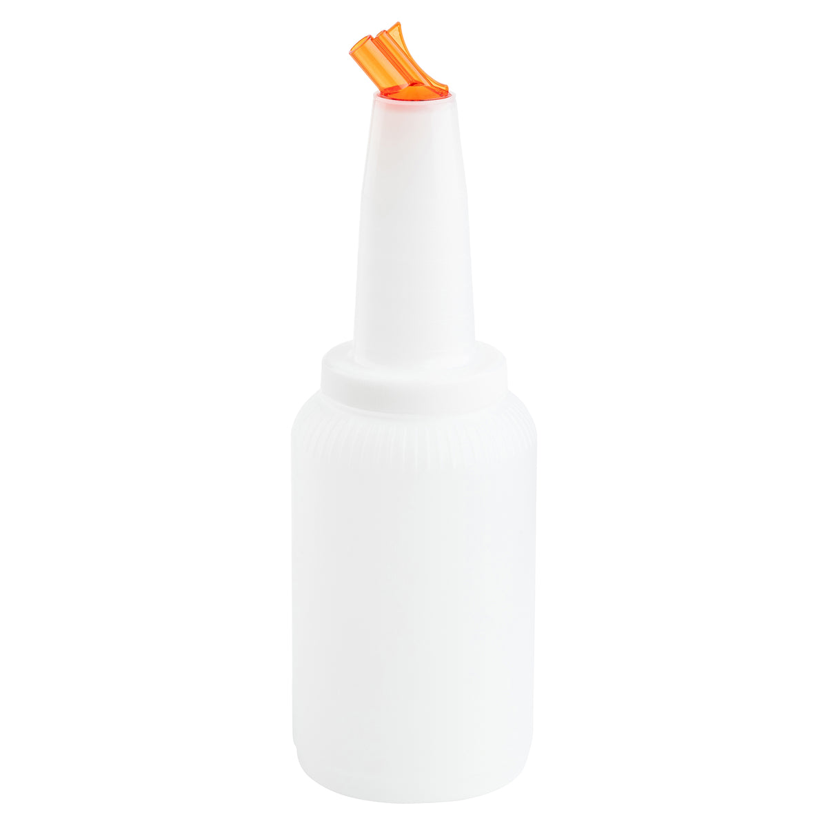 A white plastic TableCraft PourMaster bottle with ridged sides and a narrow neck, topped with an orange pour spout that is slightly open. This 64oz bottle is plain, unlabeled, and typically used in bars for pouring juice or mixers.