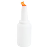 A white plastic TableCraft PourMaster bottle with ridged sides and a narrow neck, topped with an orange pour spout that is slightly open. This 64oz bottle is plain, unlabeled, and typically used in bars for pouring juice or mixers.