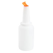 A white plastic TableCraft PourMaster bottle with ridged sides and a narrow neck, topped with an orange pour spout that is slightly open. This 64oz bottle is plain, unlabeled, and typically used in bars for pouring juice or mixers.