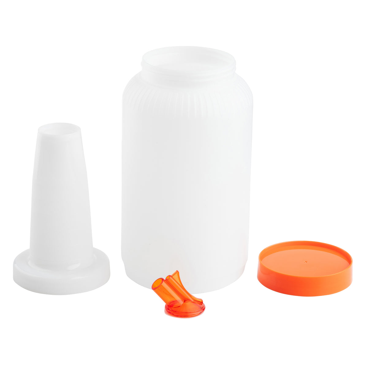 A white plastic TableCraft PourMaster squeeze bottle stands open with a ridged neck, next to its orange screw-on lid. Also shown are a white cone-shaped nozzle and two small orange nozzle tips, all arranged on a plain white background.