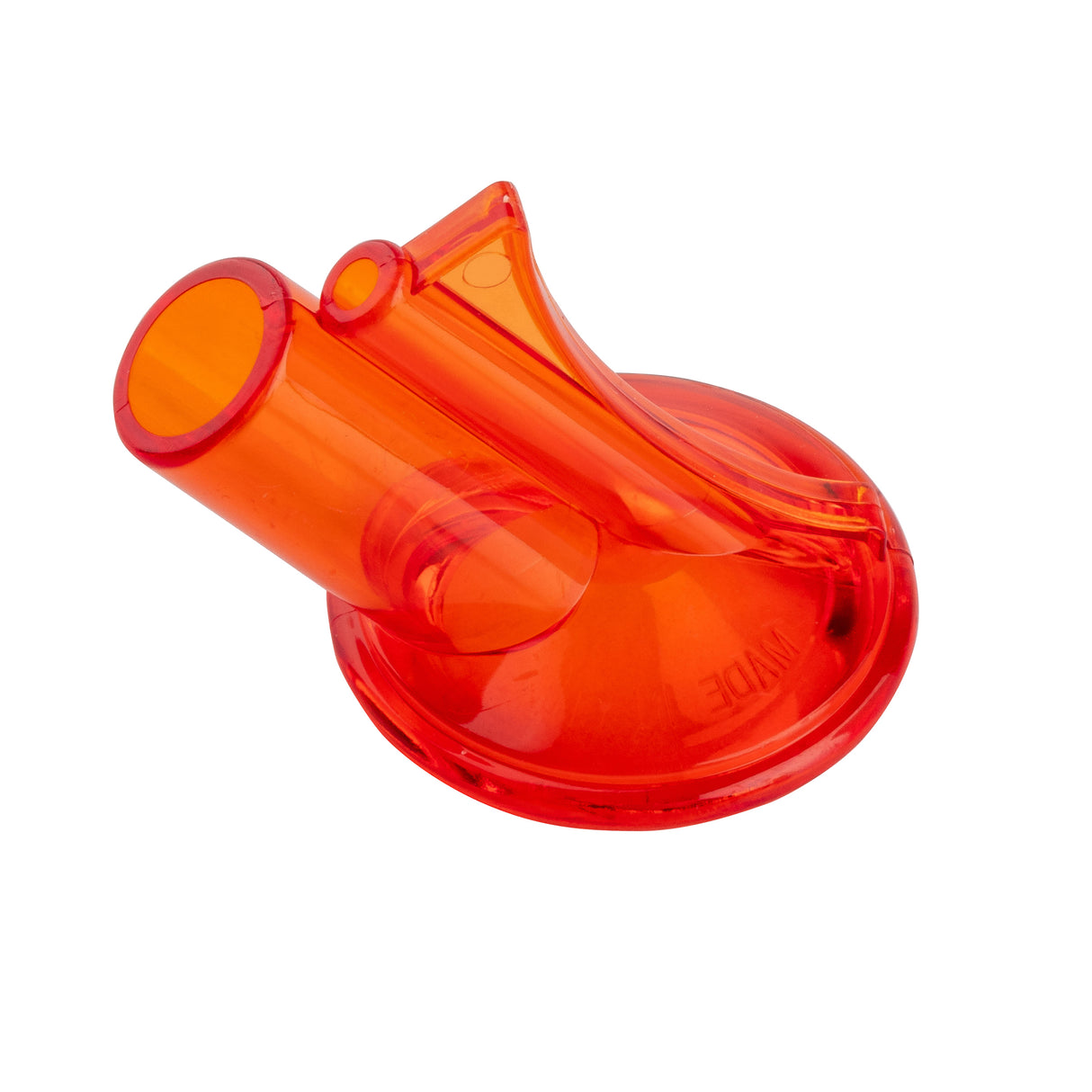A translucent, bright orange TableCraft PourMaster plastic spout with a wide circular base and cylindrical mouthpiece. This 64oz accessory features a small fin-like ridge and is photographed on a white background, viewed at a slight angle.