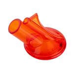 A translucent, bright orange TableCraft PourMaster plastic spout with a wide circular base and cylindrical mouthpiece. This 64oz accessory features a small fin-like ridge and is photographed on a white background, viewed at a slight angle.