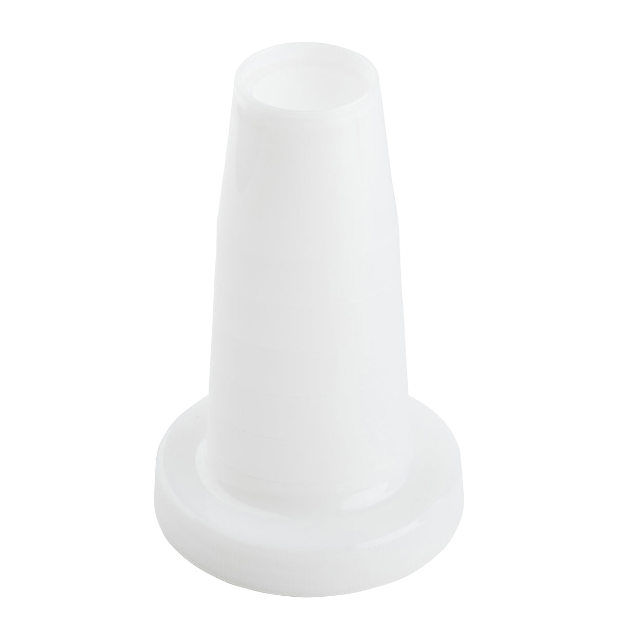 A white plastic TableCraft PourMaster cone with a wide flat base and a tapering cylindrical body. The smooth 64oz surface features slight ridges encircling the cone, standing upright against a plain white background.