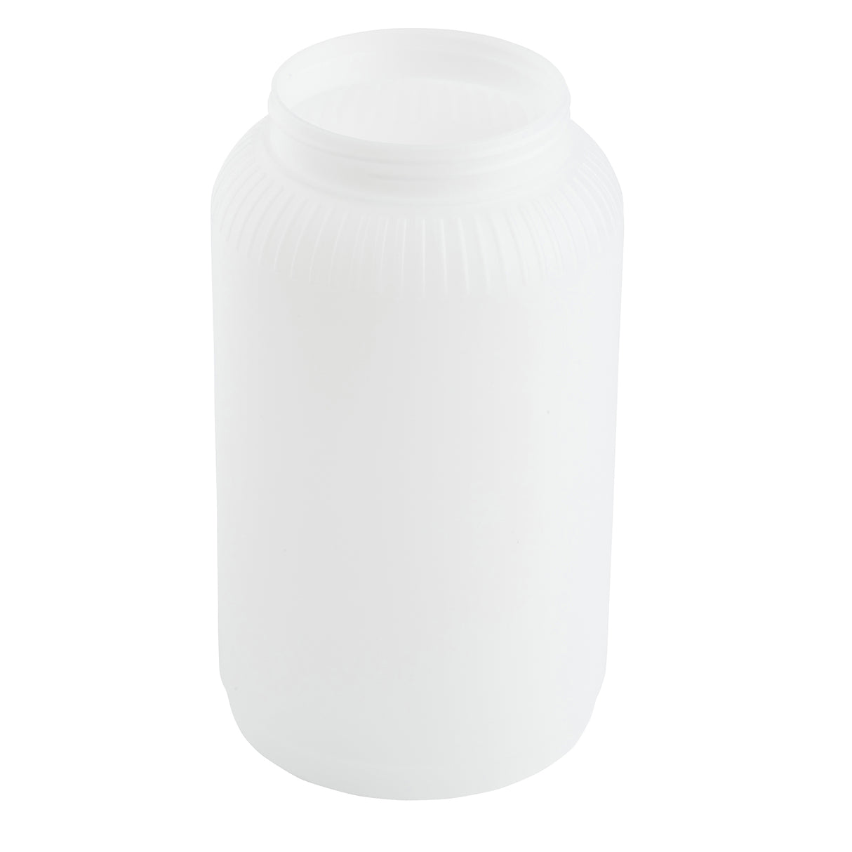 A plain, white, cylindrical TableCraft PourMaster jar with no label or lid. The 64oz plastic jar features a wide opening and vertical ridges near the top for grip. It is photographed against a white background.