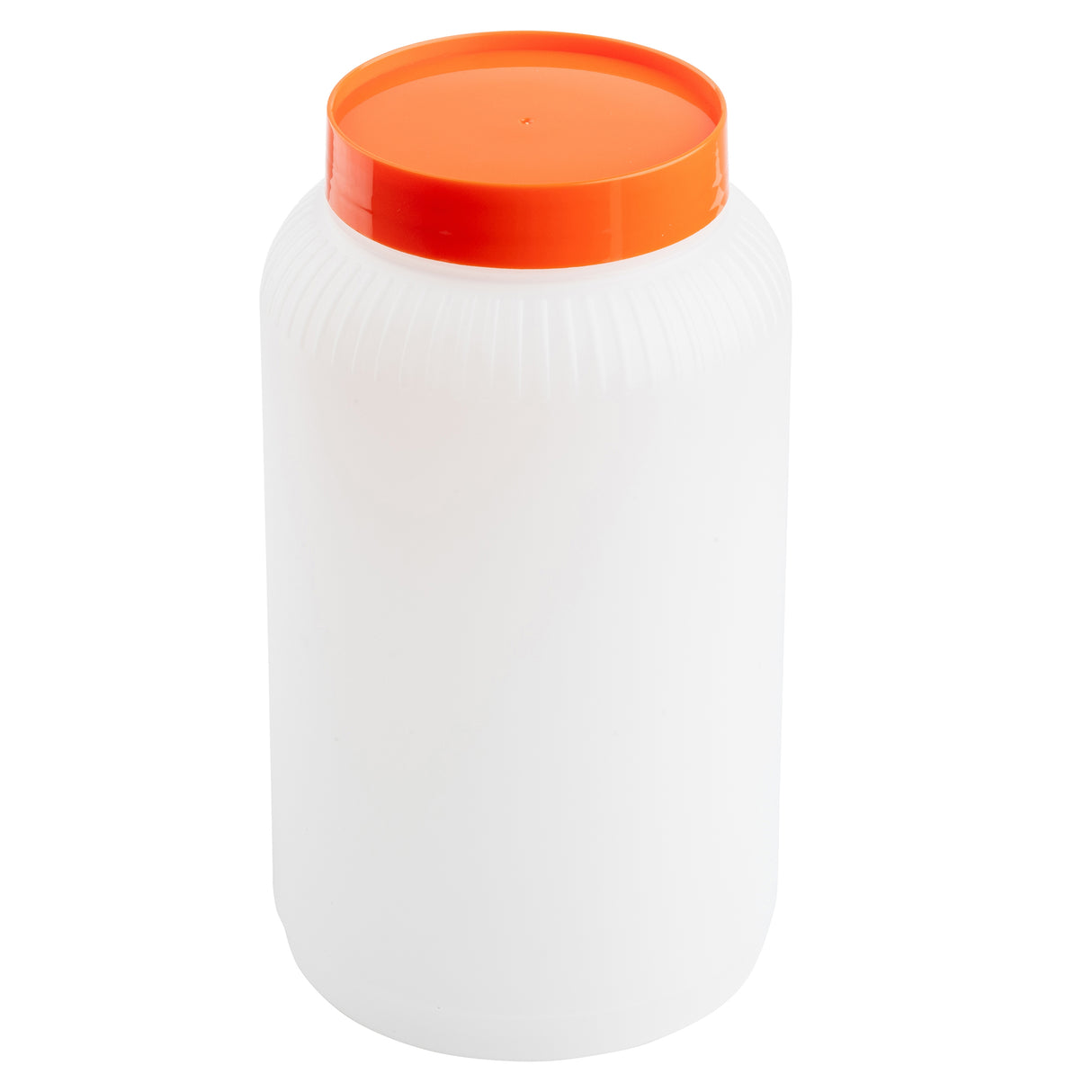 A large, opaque white plastic PourMaster jar with ribbed sides and a smooth, bright orange screw-on lid is shown against a plain white background. This unmarked 64oz TableCraft container appears empty or unused.