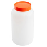 A large, opaque white plastic PourMaster jar with ribbed sides and a smooth, bright orange screw-on lid is shown against a plain white background. This unmarked 64oz TableCraft container appears empty or unused.
